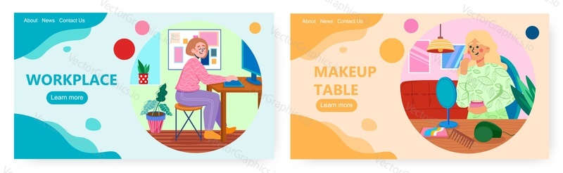 Home workplace, dressing table. Landing page design, website banner template set, flat vector illustration. Woman working on computer, applying makeup. Home interior design, furnishing.