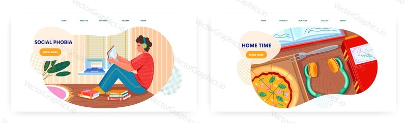 Social phobia landing page design, website banner template set, flat vector illustration. Young man sitting alone and reading book. Social anxiety disorder.