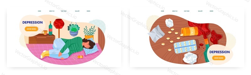 Depression landing page design, website banner template set, flat vector illustration. Young depressed woman lying on bed with scattered pills. Mental health disorder, insomnia, apathy anxiety stress.