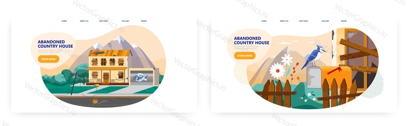 Abandoned country house landing page design, website banner template set, flat vector illustration. Countryside house building with boarded up windows, broken glasses and fence.