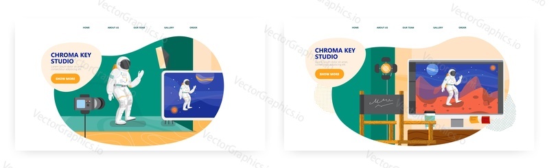 Chroma key studio, landing page design, website banner template set, flat vector illustration. Actor astronaut starring in space movie. Green screen technology. Film production.