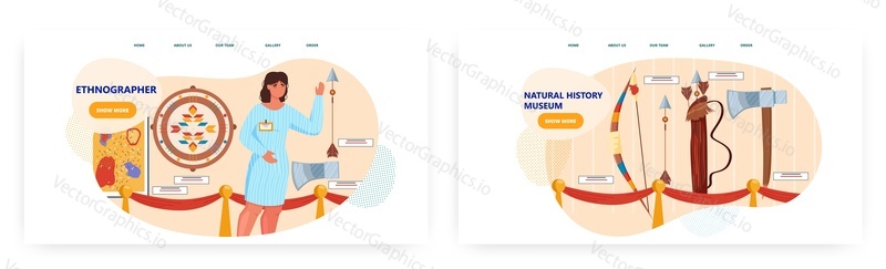 Ethnographer landing page design, website banner template set, flat vector illustration. Natural history museum exposition. Professional guide conducting museum tour. Exhibition space.