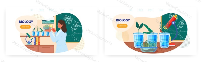 Дизайн целевой страницы класса биологии, набор шаблонов баннеров веб-сайта, плоская векторная иллюстрация. Учитель биологии проводит научные эксперименты с растениями в классе, лаборатории. Школьное образование.