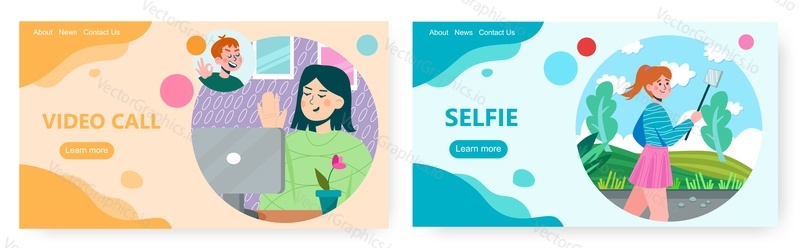 Happy women using mobile devices for chatting with boyfriend over video call and taking selfie in park, flat vector illustration. Landing page design, website banner template set.
