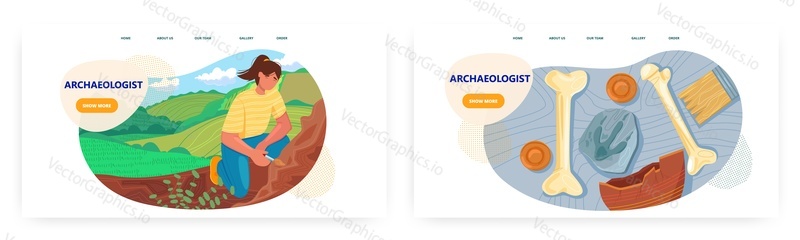 Дизайн целевой страницы археолога, набор шаблонов баннеров веб-сайта, плоская векторная иллюстрация. Открытие археологии, палеонтологии. Археолог, раскопки, экспедиция.