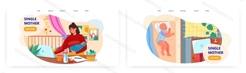 Single mother landing page design, website banner template set, flat vector illustration. Busy mom working on computer with newborn baby in her arms. Single parent family.