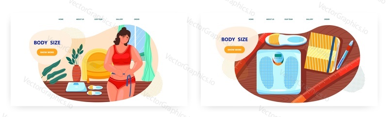 Body size landing page design, website banner template set, flat vector illustration. Woman measuring her waist with measuring tape. Weight loss and control, diet plan and healthy lifestyle.