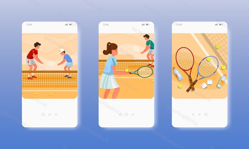 Coach teaching kids to play tennis with racket and ball on court. Coaching for kids. Mobile app screens. Vector banner template for website and mobile development. Web site and UI design illustration.