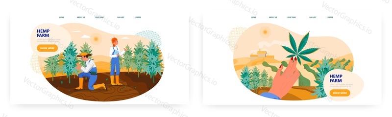 Дизайн целевой страницы фермы конопли, набор шаблонов баннеров веб-сайта, плоская векторная иллюстрация. Люди-фермеры, рабочие, выращивающие растения каннабиса сатива. Производство марихуаны. Легальный бизнес с каннабисом.
