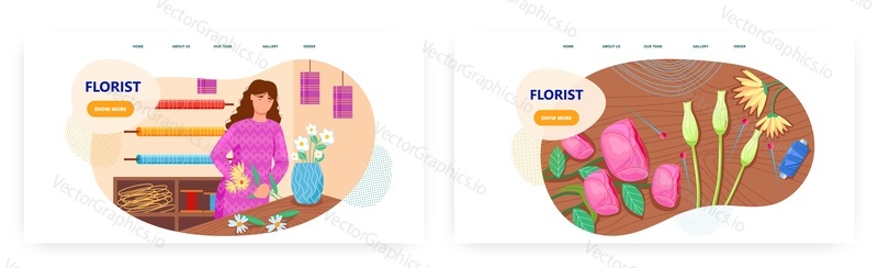 Florist landing page design, website banner template set, flat vector illustration. Flower arrangement. Woman florist designer, shop assistant making bouquet of flowers.