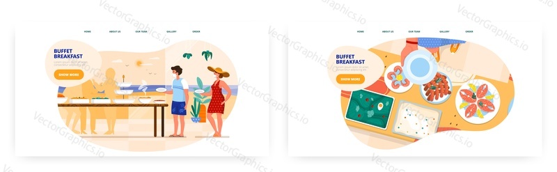 Buffet breakfast landing page design, website banner template set, flat vector illustration. Hotel, resort restaurant catering business.