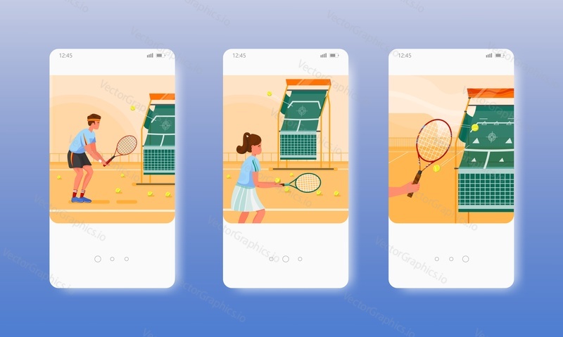 Tennis training. Boy and girl practicing tennis on the court. Sport activity. Mobile app screens. Vector banner template for website and mobile development. Web site and UI design illustration.