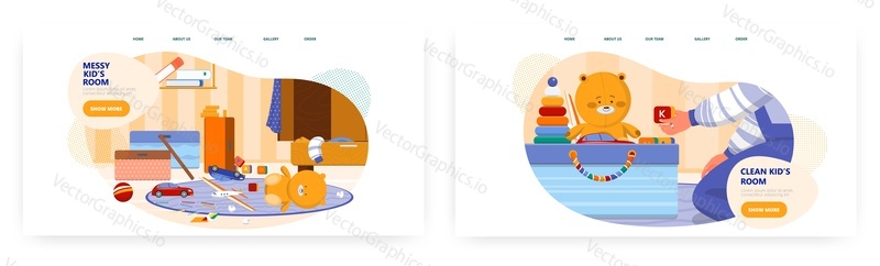 Clean and messy kids room. Landing page design, website banner template set, flat vector illustration. Kids household chores. Children bedroom interior before and after cleaning.