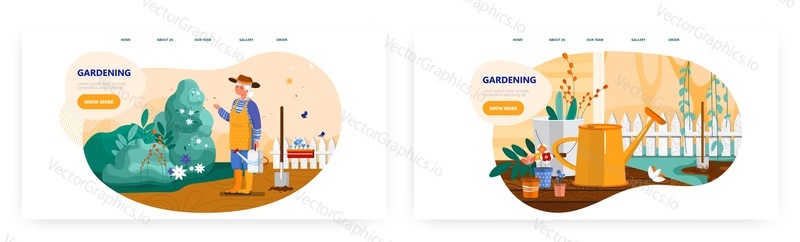 Gardening landing page design, website banner template set, flat vector illustration. Woman working in backyard garden. Gardener caring for garden plants, watering flowers.