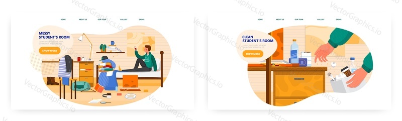 Clean and messy students room. Landing page design, website banner template set, flat vector illustration. College dorm room or apartment bedroom interior before and after cleaning.