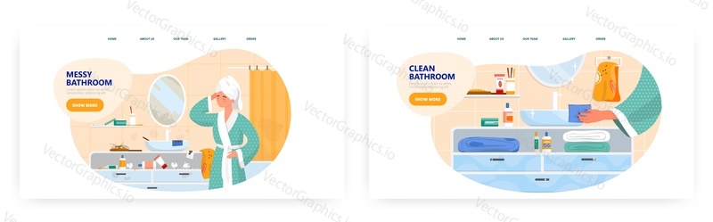 Clean and messy bathroom. Landing page design, website banner template set, flat vector illustration. Woman doing housework, cleaning house. Bathroom interior before and after cleaning.