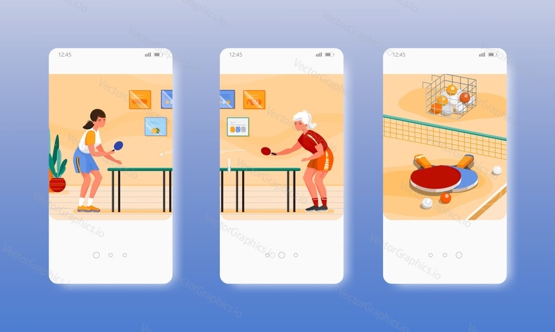 Table tennis. Girls playing ping pong sport game with rackets and ball. Mobile app screens. Vector banner template for website and mobile development. Web site and UI design illustration.