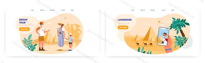 Guide tour landing page design, website banner template set, flat vector illustration. Excursion to Egyptian pyramids. Tourists listening to guide, taking photo. Egyptian attractions, world landmarks.