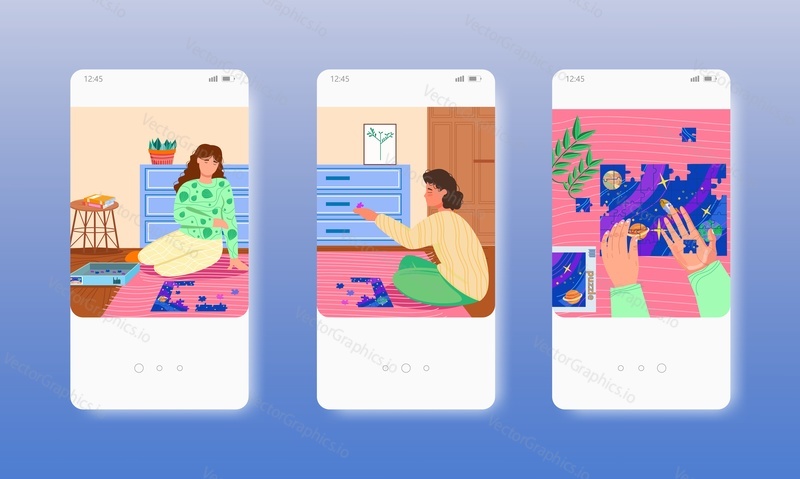 Woman playing jigsaw puzzle board game, sitting on the floor. Home leisure activity. Mobile app screens. Vector banner template for website and mobile development. Web site and UI design illustration.
