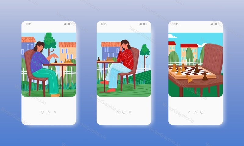 Women playing chess strategy board game. Hobby. Leisure home activity. Mobile app screens. Vector banner template for website and mobile development. Web site and UI design illustration.