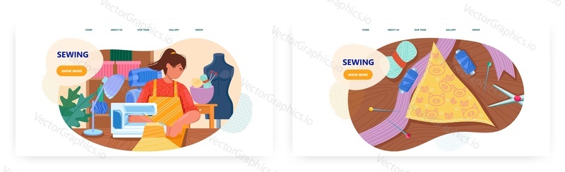 Tailoring workshop landing page design, website banner template set, flat vector illustration. Seamstress, dressmaker sewing clothes on sewing machine. Atelier.