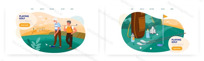 Golf landing page design, website banner templates, flat vector illustration. Senior bearded man playing golf. Elderly player practicing outdoor sport game with trainer. Active and healthy lifestyle.