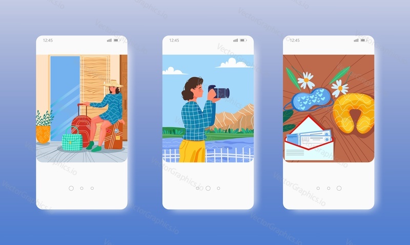 Honeymoon trip. Woman sitting on suitcase, taking photo of nature. Two tickets for just married. Mobile app screens. Vector banner template for website and mobile development. Web site and UI design.