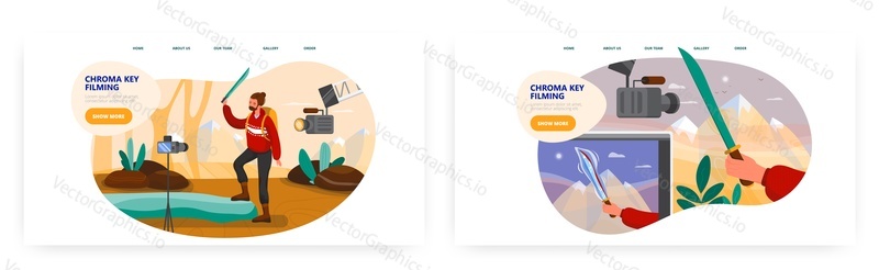 Chroma key filming, landing page design, website banner template set, flat vector illustration. Green screen room. Chroma key studio. Movie production.