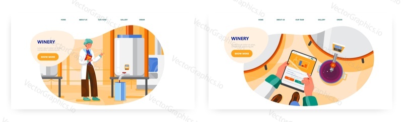 Winery landing page design, website banner template set, flat vector illustration. Grape wine production, fermentation equipment. Winemaking factory. Alcohol drink manufacturing process.