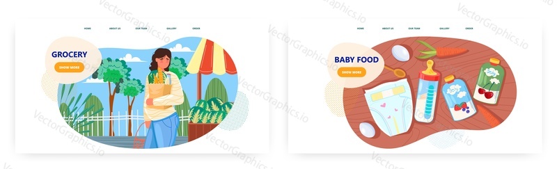 Purchases landing page design, website banner template set, flat vector illustration. Pregnant woman thinking about baby clothes and accessories while shopping for groceries at local market.