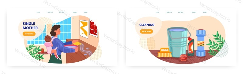 Single mother landing page design, website banner template set, flat vector illustration. Mother doing housework with baby in carry bag. Single parent family.