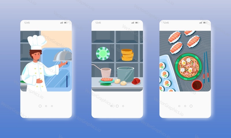 Asian cuisine. Chef cooking japanese ramen noodle soup, salmon, tuna sashimi dishes. Mobile app screens. Vector banner template for website and mobile development. Web site and UI design illustration.