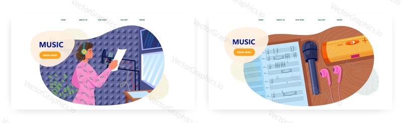 Music landing page design, website banner template set, flat vector illustration. Girl wearing headphones singing into microphone. Musician, vocalist recording song in voice recording studio.
