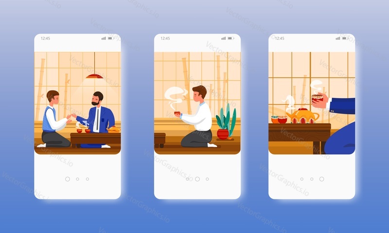 Business tea ceremony. People sitting on the floor drinking tea. Asian culture. Mobile app screens. Vector banner template for website and mobile development. Web site and UI design illustration.