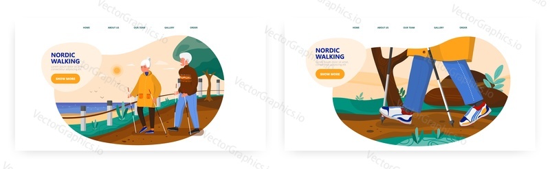 Nordic walking landing page design, website banner template set, flat vector illustration. Happy elderly couple walking with nordic poles in city park. Sport activity, healthy lifestyle.