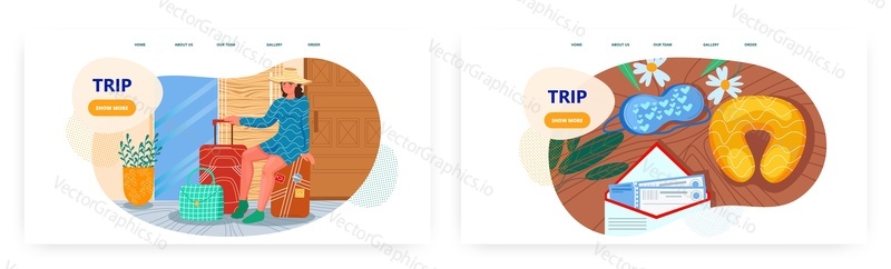Honeymoon trip landing page design, website banner template set, flat vector illustration. Woman sitting on suitcase. Two tickets for just married, snorkel goggles with hearts. Romantic beach vacation