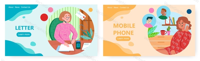Means of communication, landing page design, website banner template set, flat vector illustration. Woman writing postal letter and talking on mobile phone. Communication types.