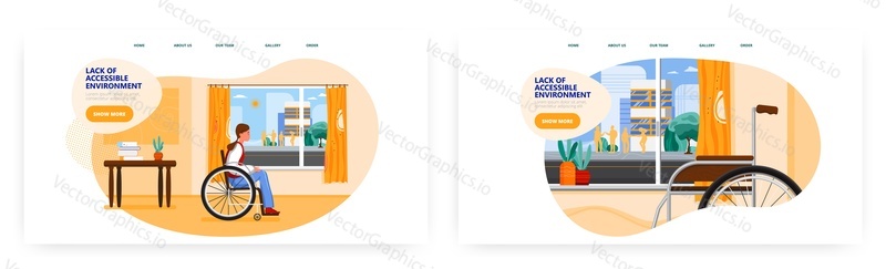 Lack of accessible environment. Landing page design, website banner template set, flat vector illustration. Sad lonely disabled girl looking out the window sitting in wheelchair. Lack of communication