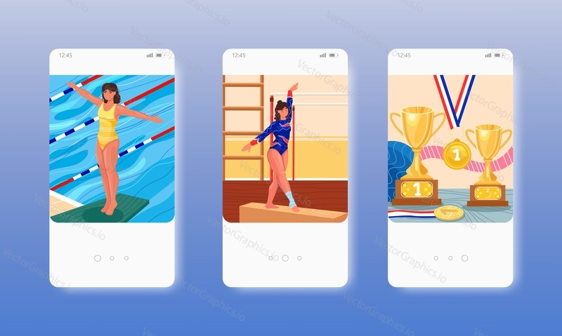 Women acrobatic gymnastics, high diving sport competition, training. Winner trophies. Mobile app screens. Vector banner template for website and mobile development. Web site and UI design illustration