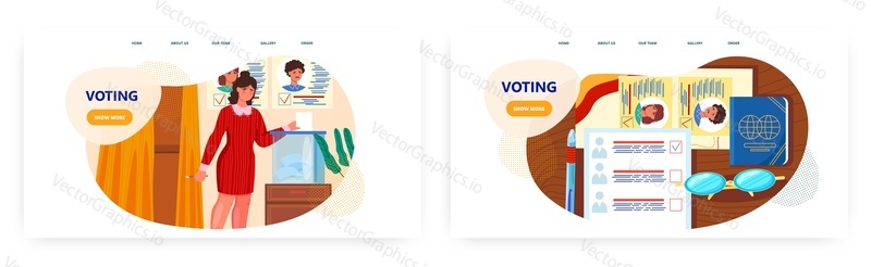 Voting landing page design, website banner template set, flat vector illustration. Female voter putting paper ballot into vote box. Voting and election.