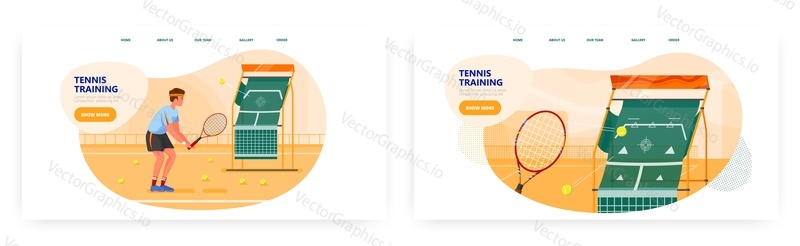 Tennis training landing page design, website banner template set, flat vector illustration. Male player practicing tennis with racket and balls on the court. Sport activity, healthy lifestyle.