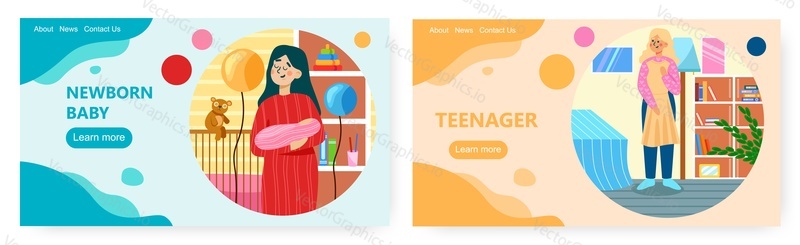 Child development landing page design, website banner template set, flat vector illustration. Newborn baby growing, becoming teenager. Early, middle childhood and adolescence. Human life cycle.