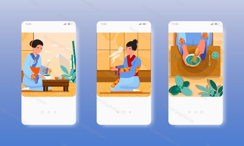 Asian woman in kimono making organic matcha green tea. Traditional japanese ceremony. Mobile app screens. Vector banner template for website and mobile development. Web site and UI design illustration
