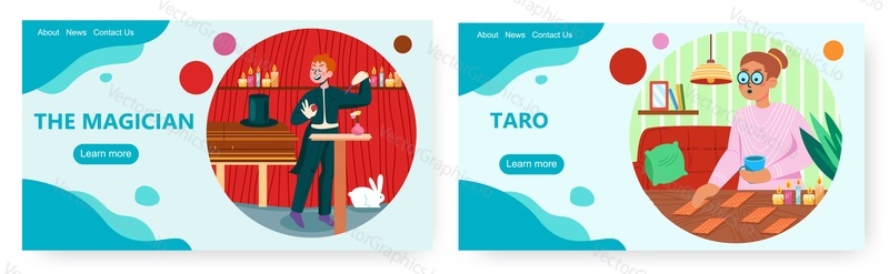 Magic landing page design, website banner template set, flat vector illustration. Fortune teller predicting future with tarot cards and magician performing tricks.