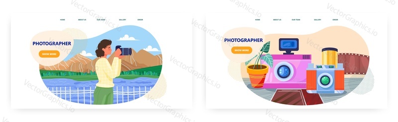Photographer landing page design, website banner template set, flat vector illustration. Woman taking photo of nature with camera. Professional photography equipment. Creative profession or hobby.