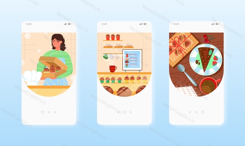 Confectioner baker selling cakes, sweet pastry. Bakery, cake shop, confectionery. Mobile app screens. Vector banner template for website and mobile development. Web site and UI design illustration.