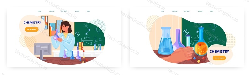 Chemistry class landing page design, website banner template set, flat vector illustration. Chemistry lab. Teacher carrying out scientific experiment using laboratory equipment. Chemical education.