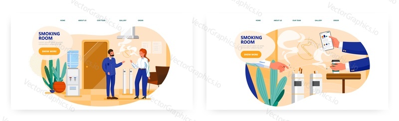 Office smoking room landing page design, website banner template set, flat vector illustration. Man and woman office workers smoking cigarettes inside of building. Indoor smoking area for employees.