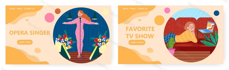 Women favorite activities, landing page design, website banner template set, flat vector illustration. Female characters enjoying favorite tv show at home, opera singer performing on theater stage.