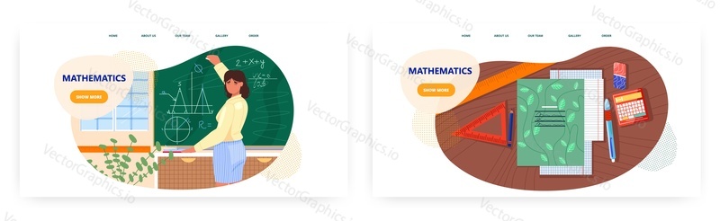 Математический дизайн целевой страницы, набор шаблонов баннеров веб-сайта, плоская векторная иллюстрация. Учитель математики пишет формулу на доске в классе. Урок математики в школе. Математическое образование.